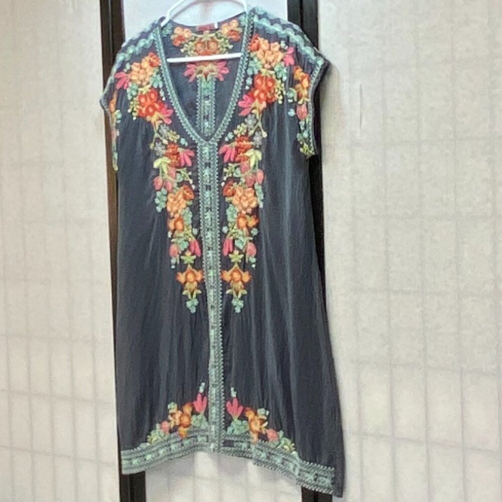 Johnny Was Blue Grey Heidi S Cap Sleeve V Neck Embroidered Sheer Tunic Kaftan - Picture 5 of 13